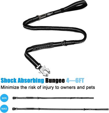 Міцна тактична повід для собак Raiput Bungee, 1.2-1.8 м, без ривка, з карабіном, світловідбиваючий, амортизуючий, з авторемнем безпеки (Чорний, 4-6 FT Bungee)
