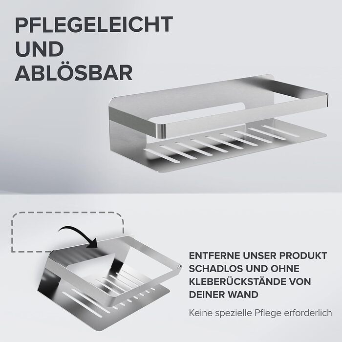 ovimar Shower Caddy Christianso | rectangular | silver | Stainless Steel | No Drilling | Adhesive | Shower Shelf | Space-Saving Attachment | For Bathtub or Shower | Storage for Shower Gel...