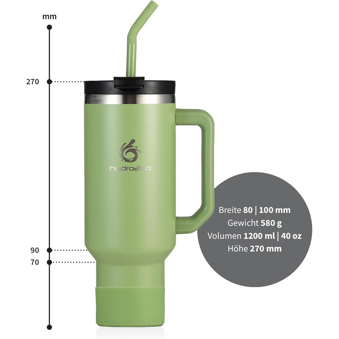 Термокружка Hydro2Go з трубочкою – BPA-free, придатна для миття в посудомийній машині, 10 год гаряче/12 год холодне, для приготування напоїв на винос (Green Tea, 1200 мл)