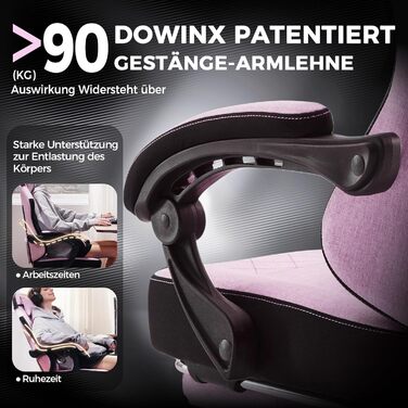 Ігрове крісло Dowinx з тканини, масажна поперекова підтримка, підставка для ніг, ергономічне, для офісу та геймінгу, до 135 кг, рожеве