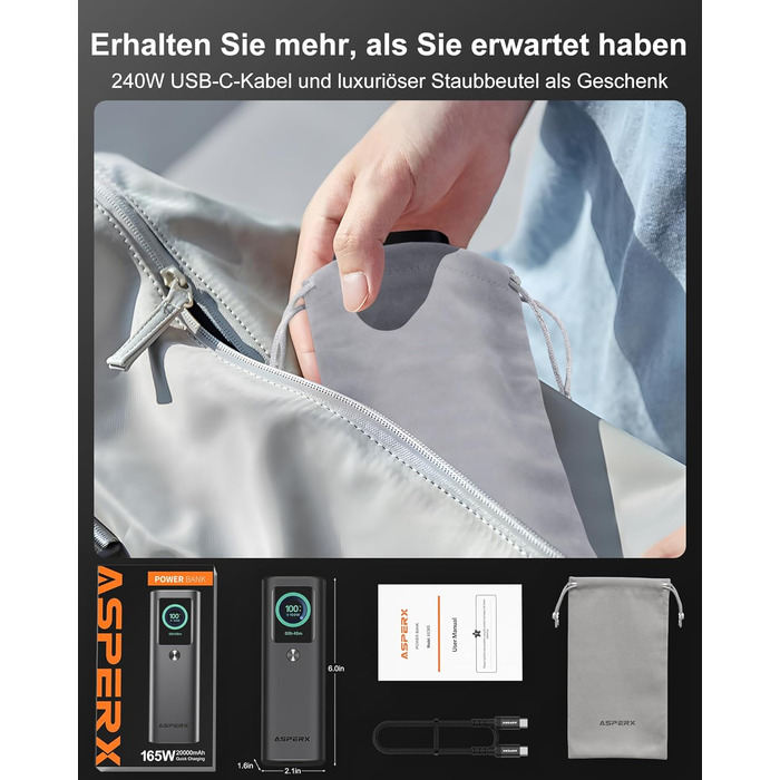 Power Bank AsperX 20000mAh 165W з USB-C кабелем, сумісний з MacBook, Dell, HP, Lenovo, iPad, iPhone, Galaxy