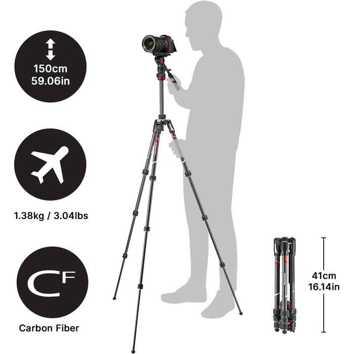 Карбоновий штатив Manfrotto Befree Live Carbon Twist з відео-головкою та сумкою для DSLR, бездзеркальних та відеокамер, навантаження 4 кг