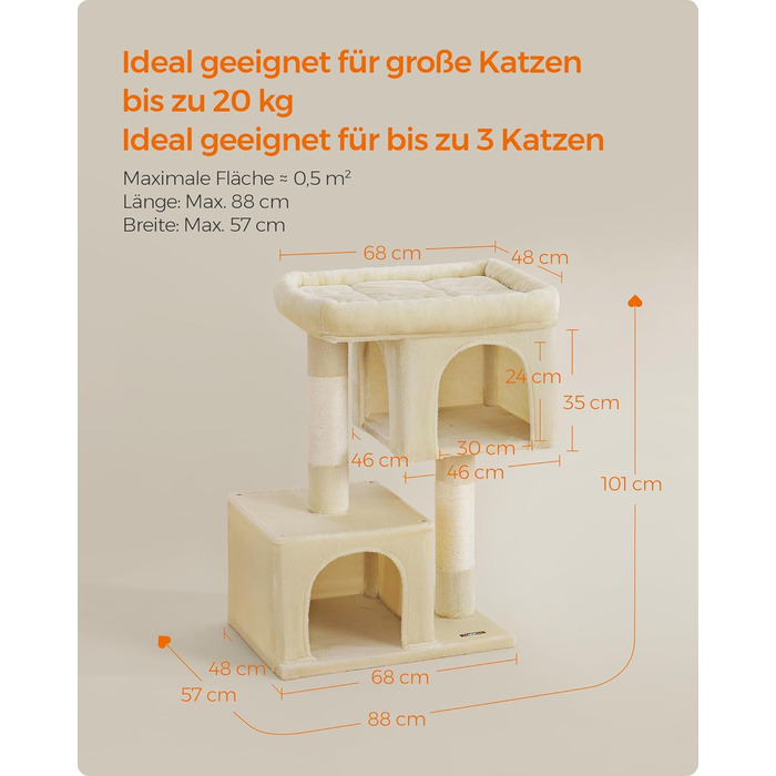 Feandrea Cat Tree, 84 cm Cat Tree, L, Cat House for Large Cats up to 7 kg, Large Platform, 2 Cat Caves, Sisal Posts, PCT61W (XL (68 x 48 x 101 cm), Beige)