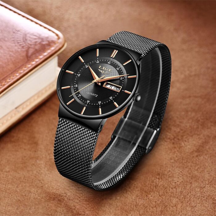 Годинник чоловічий LIGE з датою, водонепроникний, з нержавіючої сталі, аналоговий, вінтажний, кварцовий, чорний, для бізнесу, класичний, простий, з нержавіючої сталі, чоловічий годинник