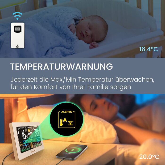 Newentor Weather Station Radio with 3 Outdoor Sensors - Radio Weather Station with Weather Forecast, Temperature Warning, DCF Radio Clock - Battery Powered and Mains Powered, White 1*Station + 3*Outdoor Sensor White