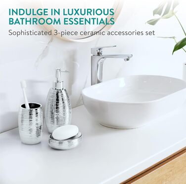 Набір для ванної кімнати Navaris Premium - Сріблястий, з дозатором мила, мильницею та стаканчиком для зубної щітки