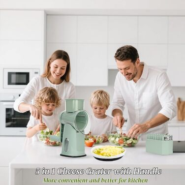 Ручна тертка для сиру та овочів з 5 зміненими лезами з нержавіючої сталі, кругла тертка з ручною рукояткою, харчовий подрібнювач для кухні, зелена коробка для зберігання