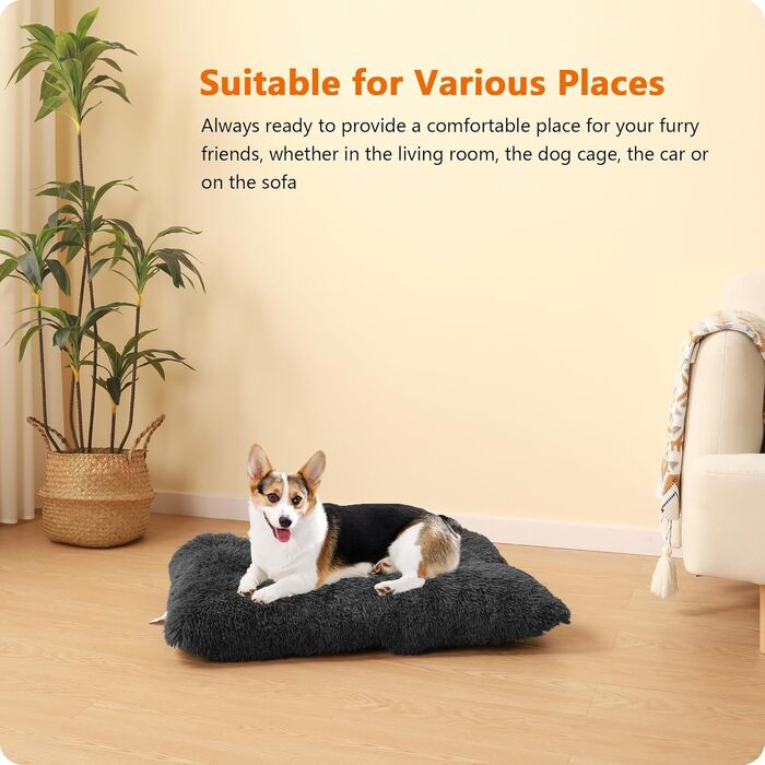 Dog Bed, Fluffy Dog Mats, Longer Plush Dog Cushion, Washable, Non-Slip Bottom, 110 cm for Medium and Large Dogs, (L 90 x W 60 x H 10 cm, Dark Grey)