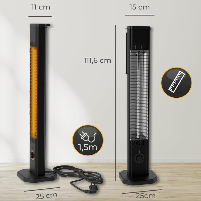 Інфрачервовий обігрівач Climative 2500W – електричний обігрівач з 9 рівнями, IP65 для тераси та приміщення, настінний, з пультом та таймером, чорний