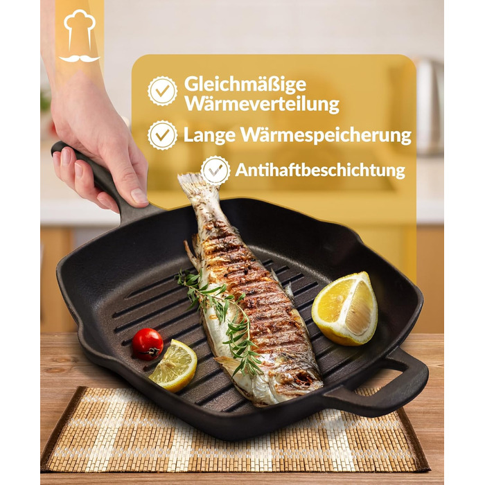 Чавунна гриль сковорода Chefarone 25.5 см з носиком – емальована сковорода для стейків, підходить для індукції, газу, склокераміки та духовки