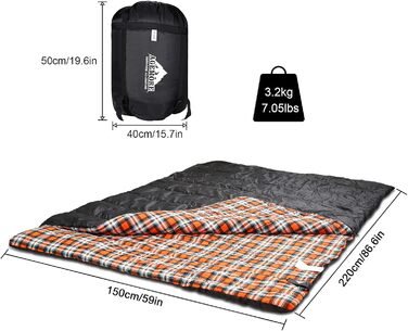 Cotton Flannel Double Sleeping Bag for Camping, Hiking, and Backpacking - Queen Size 2 Person Waterproof Sleeping Bag for Adults & Teens - Lightweight (Black/Orange)