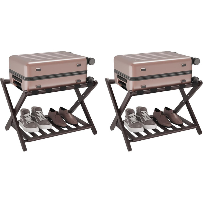 Fully assembled white luggage rack, upgraded bamboo, foldable suitcase stand with 5 nylon straps, luggage holder with shelf for guest room, hotel (white luggage rack, 1 piece) (Brown, 2 pieces)