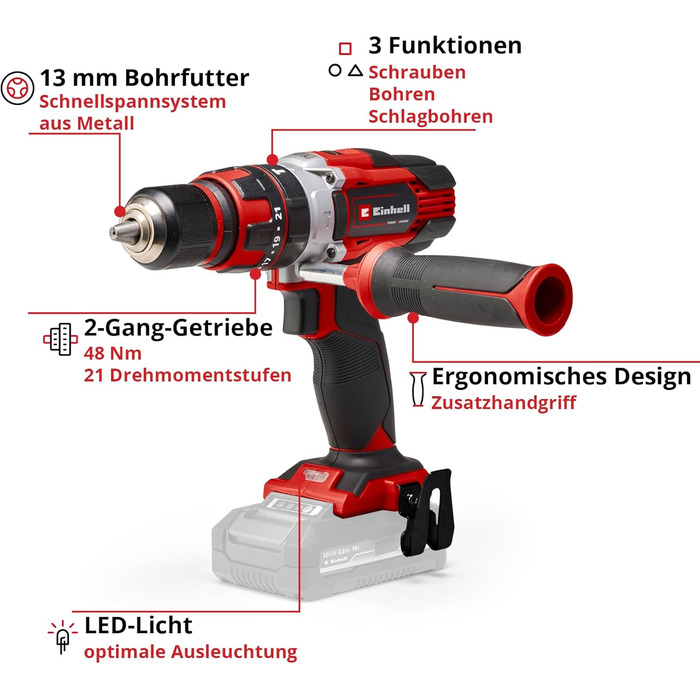 Акумуляторний дриль-шуруповерт Einhell TE-CD 18/48 Li-i Solo Power X-Change (18 В, Li-Ion, 2 швидкості, ударний режим, LED, без акумулятора та зарядного пристрою)