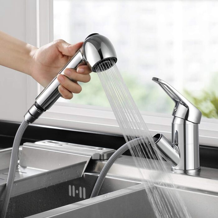 Змішувач кухонний висувний BONADE з подвійною виливом, поворотний на 360°, для кухні, з однією ручкою, хром