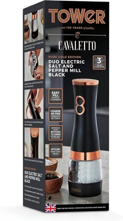 Електричні соляні та перечні млини Tower, рожевий та рожеве золото, з регульованими керамічними жорнами, працюють від батарейок, T847004PNK (Чорний)