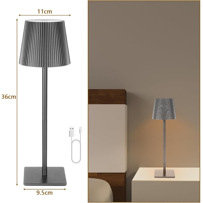 LED настільна лампа на акумуляторі, бездротова, диммування, сенсорне керування, 3 режими світла, перезаряджається через USB, вологостійка IP54, для спальні, бару, ресторану (сіра)