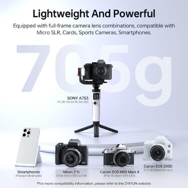 ZHIYUN Crane M3S: Стабілізатор камери 3-осі, 1000Lux LED-освітлення, Bluetooth, дисплей 1.22', 705г, для DSLR, Mirrorless, смартфонів, Action Cam