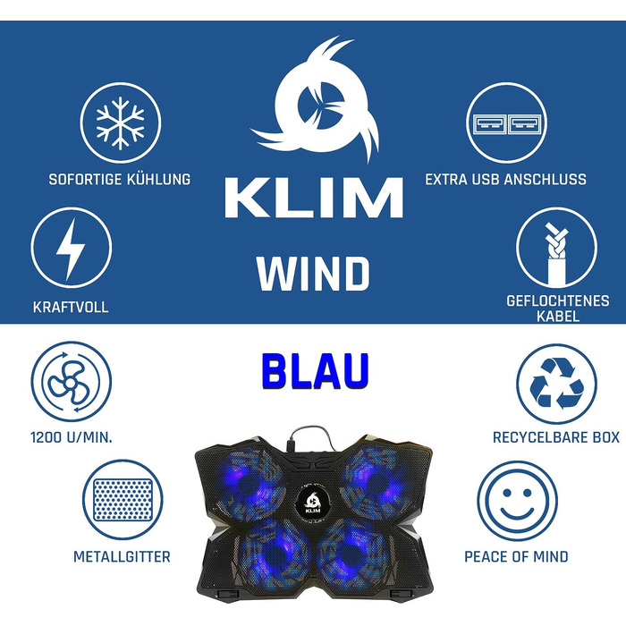 Охолоджувач для ноутбука KLIM Wind — підставка з 4 потужними вентиляторами для PC, Notebook та PS4, синій колір