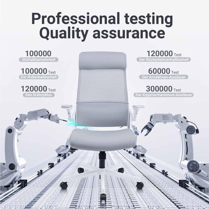 Ергономічне крісло для офісу з регульованою підголовником, сітчасте крісло для столу, відкидні підлокітники, широке сидіння, функція гойдання, комп'ютерне крісло EN 1335, офісне крісло 200 KG, сіре