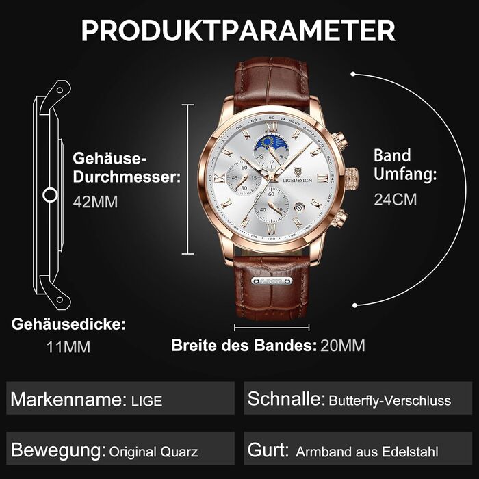 Годинник чоловічий LIGE Retro з шкіряним ремінцем, 3ATM водостійкий, аналоговий, з функцією свічення, фази місяця, з датою, коричнево-білий, хронограф
