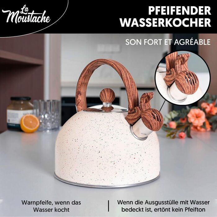 Чайник La Moustache Induktion: 2,5 л, 10 чашок, з нержавіючої сталі, з термостійким ручками та кришкою, для всіх плит (Бежевий)