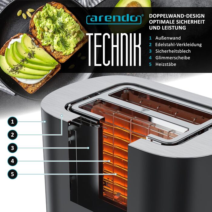 Тостер Arendo з нержавіючої сталі, 2 відділення, сенсорний екран, подвійні стінки, 800 Вт, підставка для тостів, 6 рівнів підсмажування, центрування хліба, індикатор часу, функція пам'яті, колір: чорний