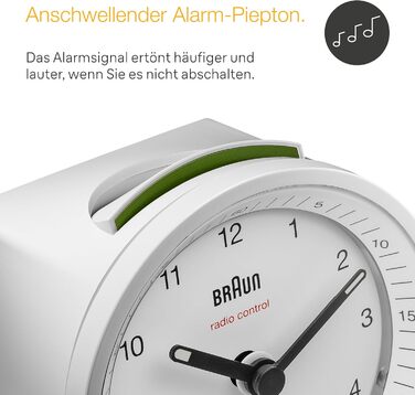 Classic Braun analog radio alarm clock for Central European Time (CET/GMT+1) with snooze function and illumination, quiet movement, crescendo alarm in white, model BC07W-DCF