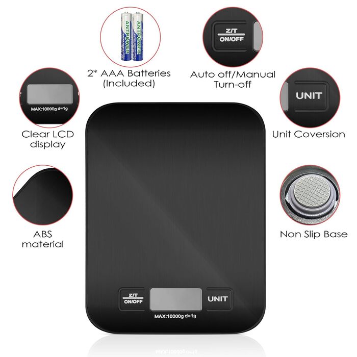 Кухонні ваги Tekenewbse: цифрові, 10 кг, точність 1 г, LCD-дисплей, чорний колір. Ідеально для приготування їжі та випічки.