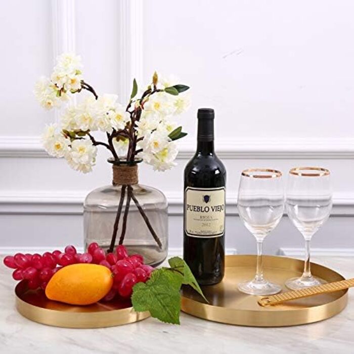 DOKOT Round Stainless Steel Serving Tray Gold, Jewelry and Makeup Organizer/Candle Tray Gold (32 cm)