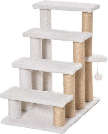 PawHut 3-Step Pet Stairs with Scratching Pillars, Ball, Dog Stairs, Pet Stairs for Cats up to 5 kg, Plush Jute, White, 45 x 40 x 48 cm (60L x 40W x 64H cm, White)