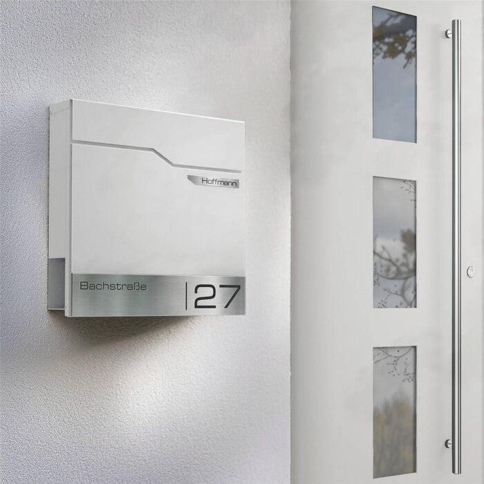 Поштовий ящик Metzler Thobe сучасний, сталевий корпус з нержавіючої сталі, з табличкою для імені, білий, з відділенням для газет