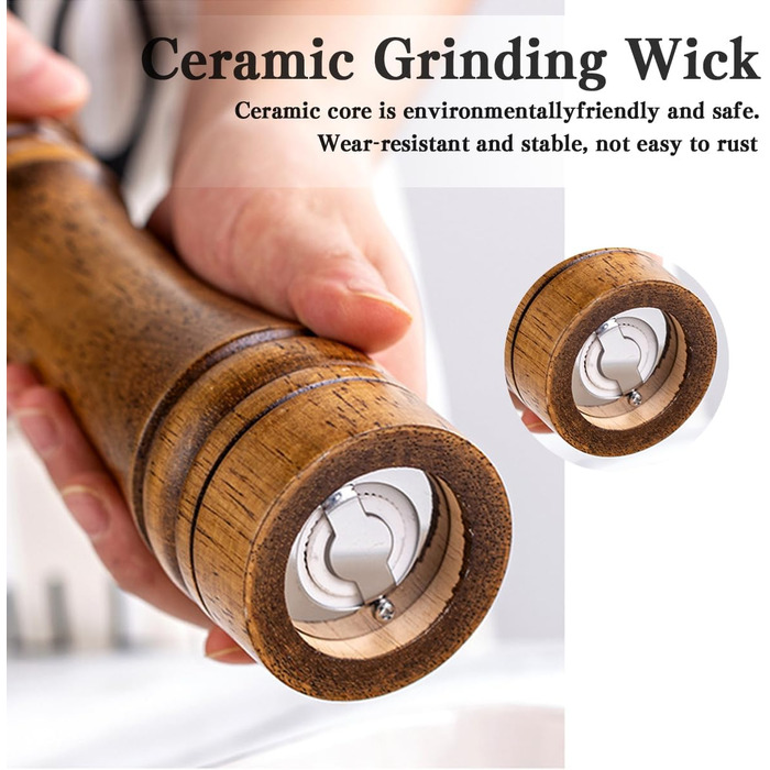 Двокомпозитна млинка для солі та перцю з дерева з підставкою, набір великих подрібнювачів спецій з регульованим керамічним механізмом для солі та перцю (21 см)