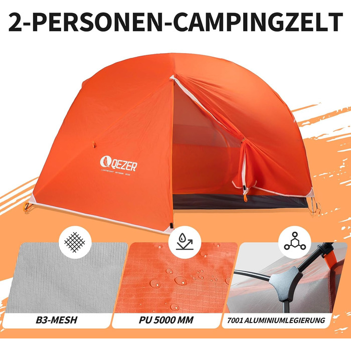 Намет кемпінговий купольний 2-місний Campingzelt водонепроникний, вітростійкий, для походу, кемпінгу та активного відпочинку (Помаранчевий)
