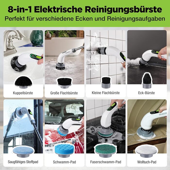 WORKPRO Електрична щітка для прибирання з індикатором потужності, 8 в 1, обертова щітка-скребок, 8 насадок, телескопічна ручка 30-120 см, 3 швидкості, для ванної кімнати та кухні