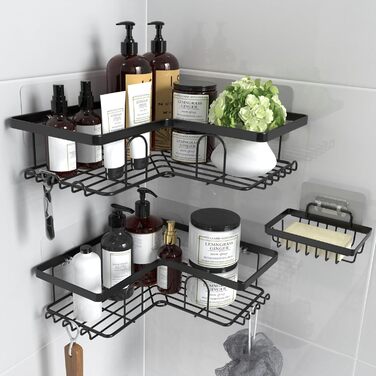 Дзеркальна поличка для душу без свердління, 2 шт. Органайзер для ванної кімнати з 8 гачками, швидковисихаюча поличка для душу, велика місткість, міцна підставка для шампуню (Чорний). 2 шт. Дзеркальна поличка для душу прямокутна (3 шт. куткова поличка для 