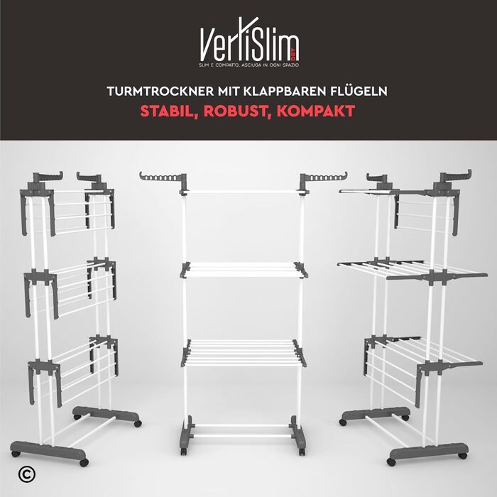 Сушарка для білизни VertiSlim Dry складана, вежа з 4 рівнями, нержавіюча сталь, з колесами та бічними крилами, сіра - для дому та вулиці