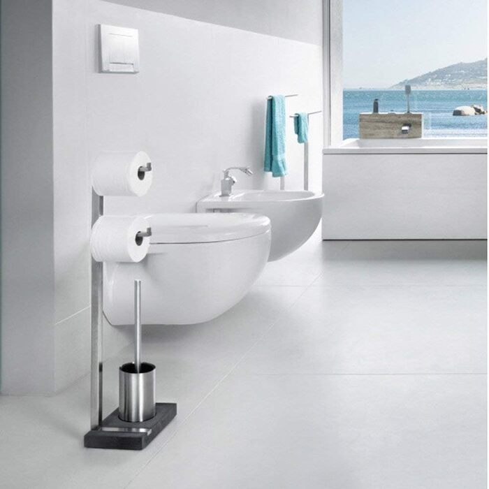 blomus -MENOTO- Stand WC-Garnitur (Toilet Butler) made of polished stainless steel, freestanding, holds 2 toilet rolls, exclusive design, bathroom accessory (H/W/D: 71 x 20 x 15 cm, polished stainless steel, 68663)