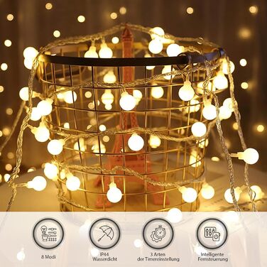 Гірлянда світлодіодна 15м, 100 LED, для дому та саду, IP44, 8 режимів, вологостійка, для дитячої кімнати, декору тераси та балкону