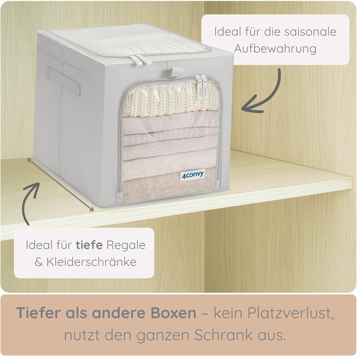 Складана коробка для зберігання одягу 4CONVY з блискавкою та металевим каркасом (3x40л, сірий, 2 вікна) - покращене матеріали 2024 року