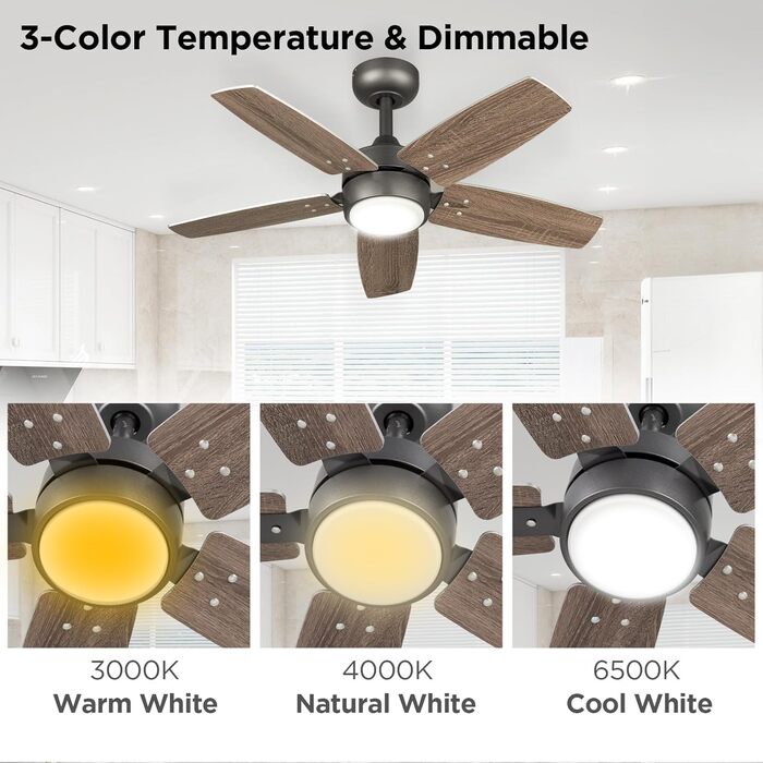 Стеляний вентилятор для маленьких кімнат: сучасний вентилятор з регульованою яскравістю, пультом дистанційного керування, реверсивним двигуном, 6 швидкостей, тихий, 230V (Бронза+волоський горіх, 91 см)