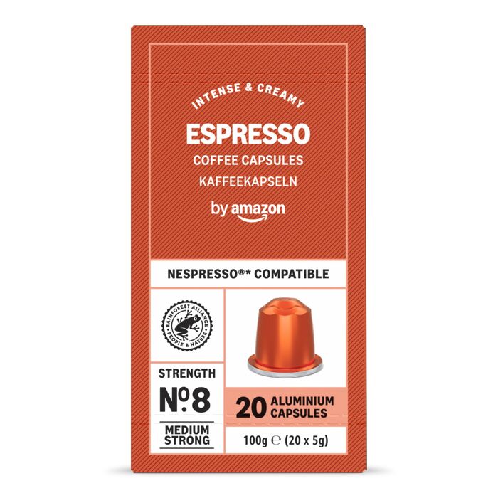 Кавові капсули Amazon з алюмінію, сумісні з Nespresso, світле обсмаження, Espresso, 100 шт (5 упаковок по 20 шт), сертифікат Rainforest Alliance