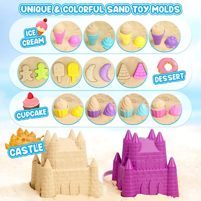 Joyreal 48-Piece Sand Toy ICE Set Girls Boys - Sandbox Toys Beach Toys Kids with Castle Bucket, Sand Shovel, ICE Cream, Dessert, Vehicle for Kids 3 4 5 6 7 Years