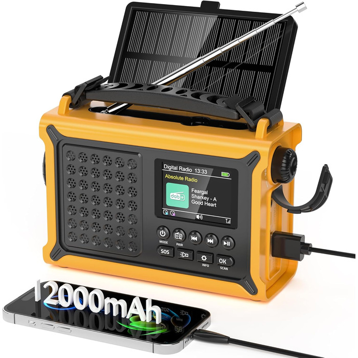 Радіоприймач Kurbelradio з DAB/DAB+/UKW, акумулятор 12000mAh, сонячна панель 8500mm², ручне радіо, Bluetooth 5.0, ліхтарик, для кемпінгу, зелений (жовтий)
