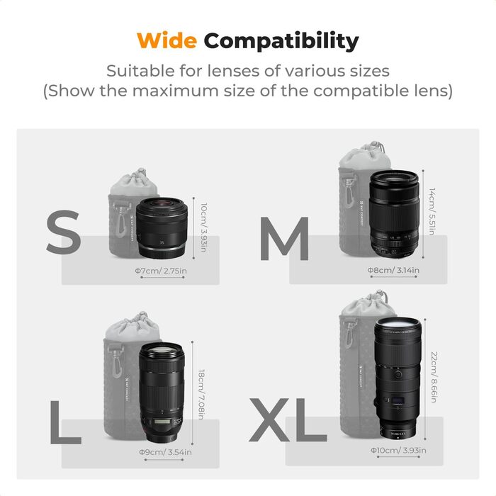 Чохол для об'єктива K&F Concept: 4 розміри, для Canon, Nikon, Sony, Fuji, Sigma, з шнурком