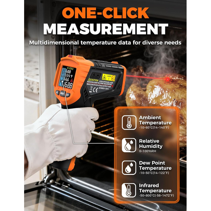 Інфрачервоний термометр лазерний IM06MAX з K-типом зонда (-50°C до 800°C) для промисловості, HVAC, приготування їжі та ремонту авто
