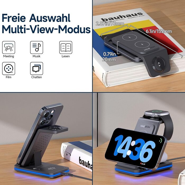 Зарядний стан для iPhone, Apple Watch та AirPods 3-в-1, сумісний з iPhone 17/16/15/14/13/12/11/X, Apple Watch Series 11-2, AirPods 4/3/2/Pro, чорний