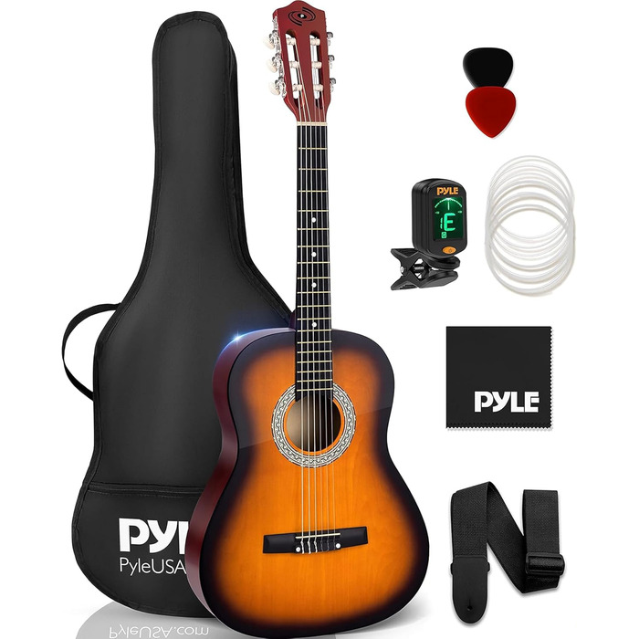 Акустична гітара Pyle для дітей та початківців, ½ розміру, з аксесуарами (сумка, тюнер, медіатор), чорний матовий сонцевий бьорст, 91 см