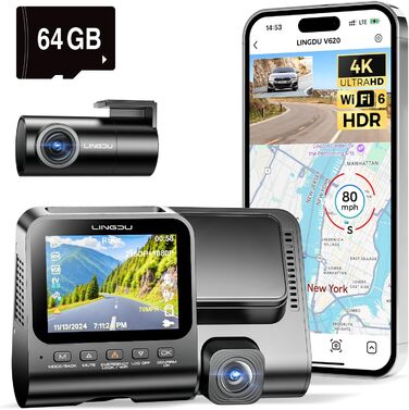 Відеореєстратор для авто Dashcam Auto Vorne Hinten 4K + 1080P з двома камерами, IPS-екран 2.4', SD 64GB, запис голосом, паркувальний режим, покращена нічна зйомка, WDR