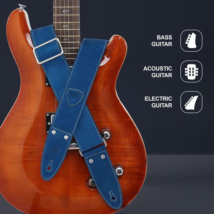 Гітарний ремінь Nefelibata з повного нубуку, 2' з кишенею для медіатора, для бас-, електро- та акустичної гітари, з медіаторами, кнопками та застібками (Star Black) (B#-haze Blue)