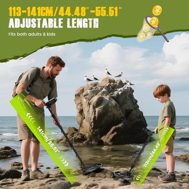 Металошукач з водонепроникною котушкою, регульована штанга, регульована довжина, чутливість та аудіо, легкий для дорослих та дітей, режими 'Всі метали', 'DISC', 'PP', LCD-дисплей